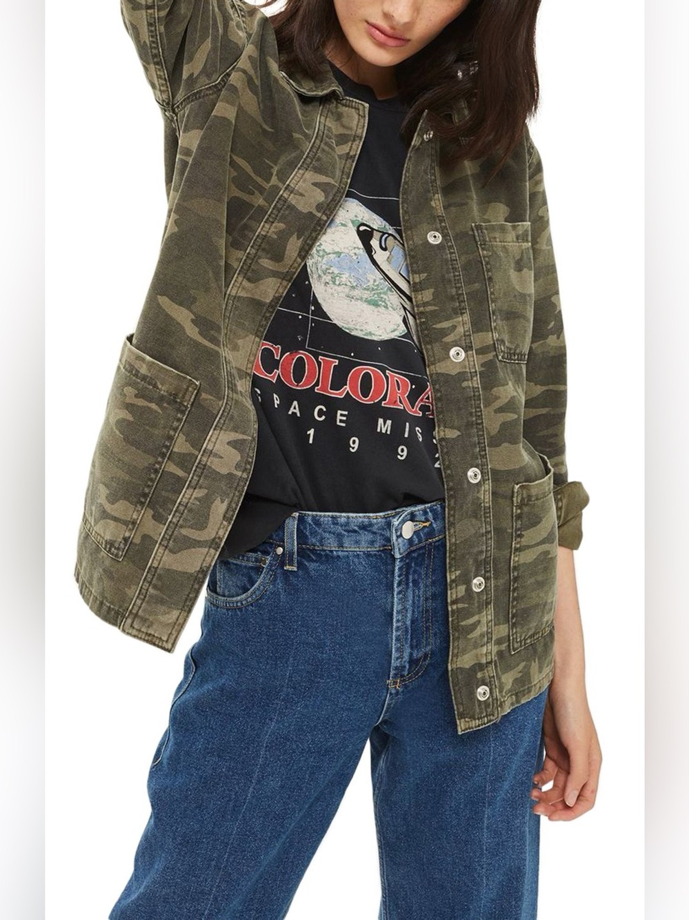 Topshop Olive Green Camouflage Cotton Utility Jacket Collared Military Style Top